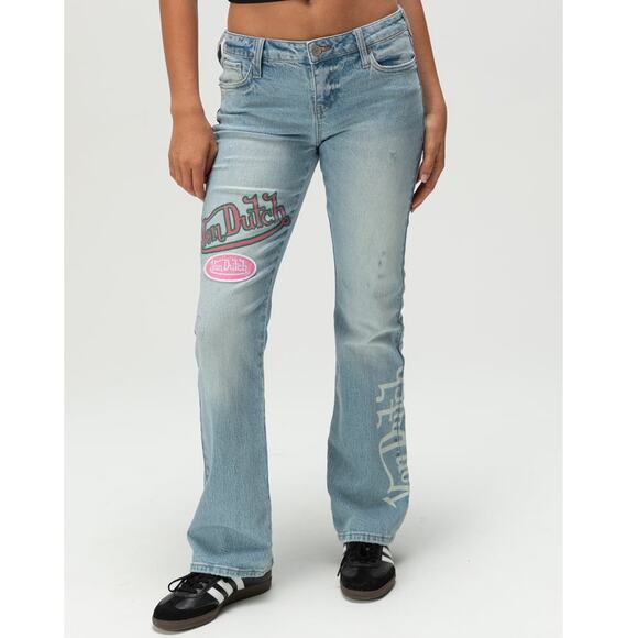 NWT Y2K Von Dutch Low Rise Bootcut patch Embroidered Jeans size 27. - Picture 2 of 15